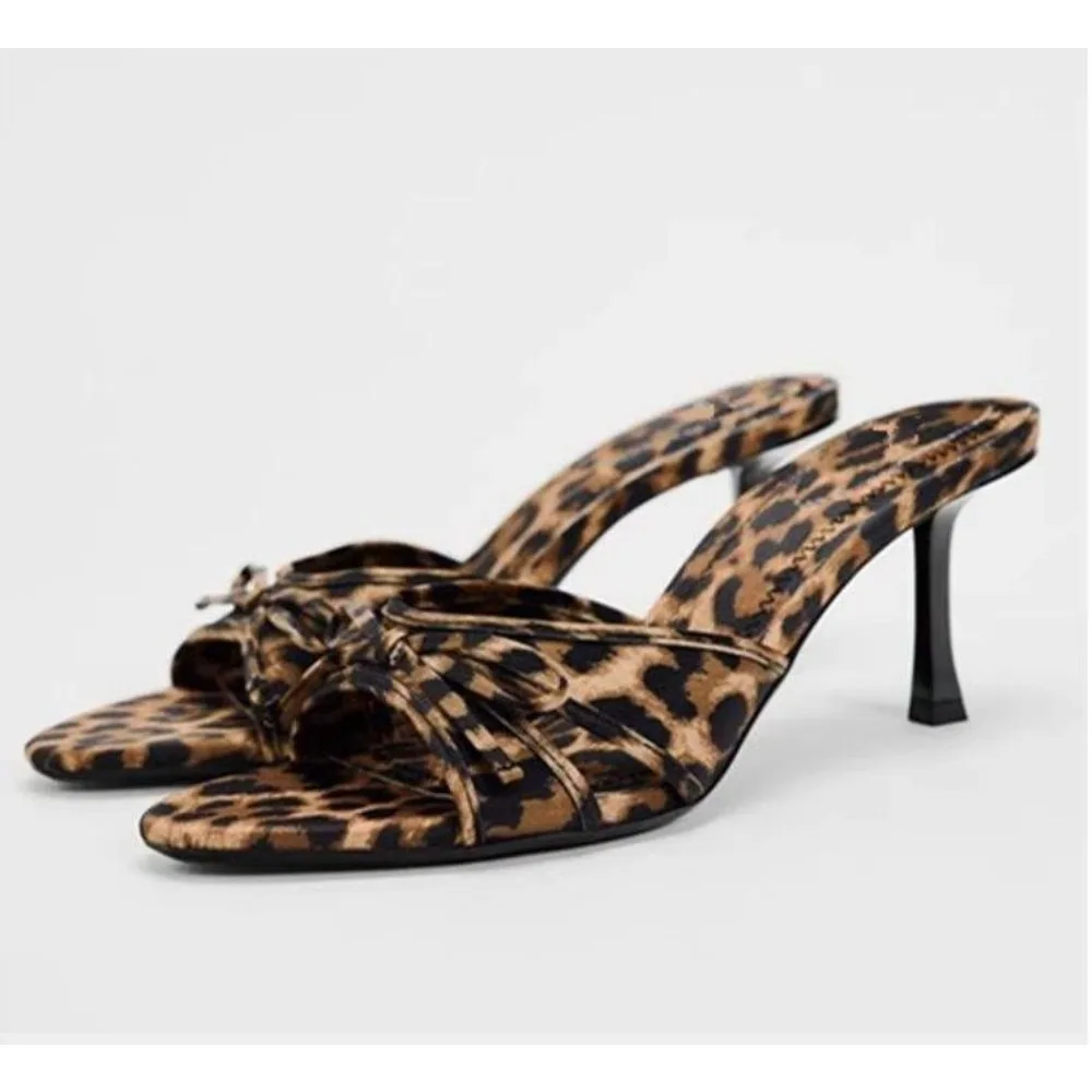 цена 2024 TRAF Leopard Print Women Sandals Summer  Heeled Sandals Woman Sexy Slingback Heels Shoes For Women Slippers Female Shoes