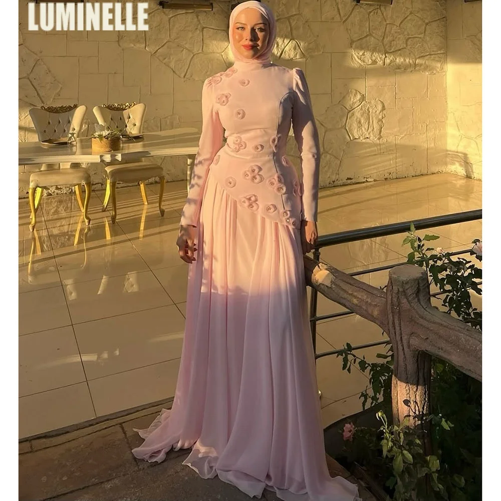 

Chiffon Muslim Evening Dresses Elegant 3d Appliques Mermaid Party Dresses with Scarf Draped Formal Maxi Gowns Customized