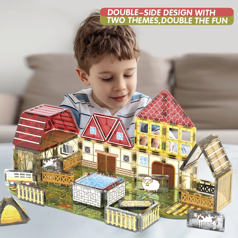 Conjunto de brinquedos de construção de jardim de animais de fazenda de azulejos magnéticos, brinquedo STEM, educação sensorial Montessori, feriado infantil e presente de aniversário.