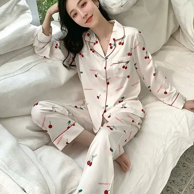 Ice Silk Pajamas Women's Long Sleeve Lace Premium Sense Two Piece Suit Sweet Homewear Love Blue Ladies Sleepwear Loungewear