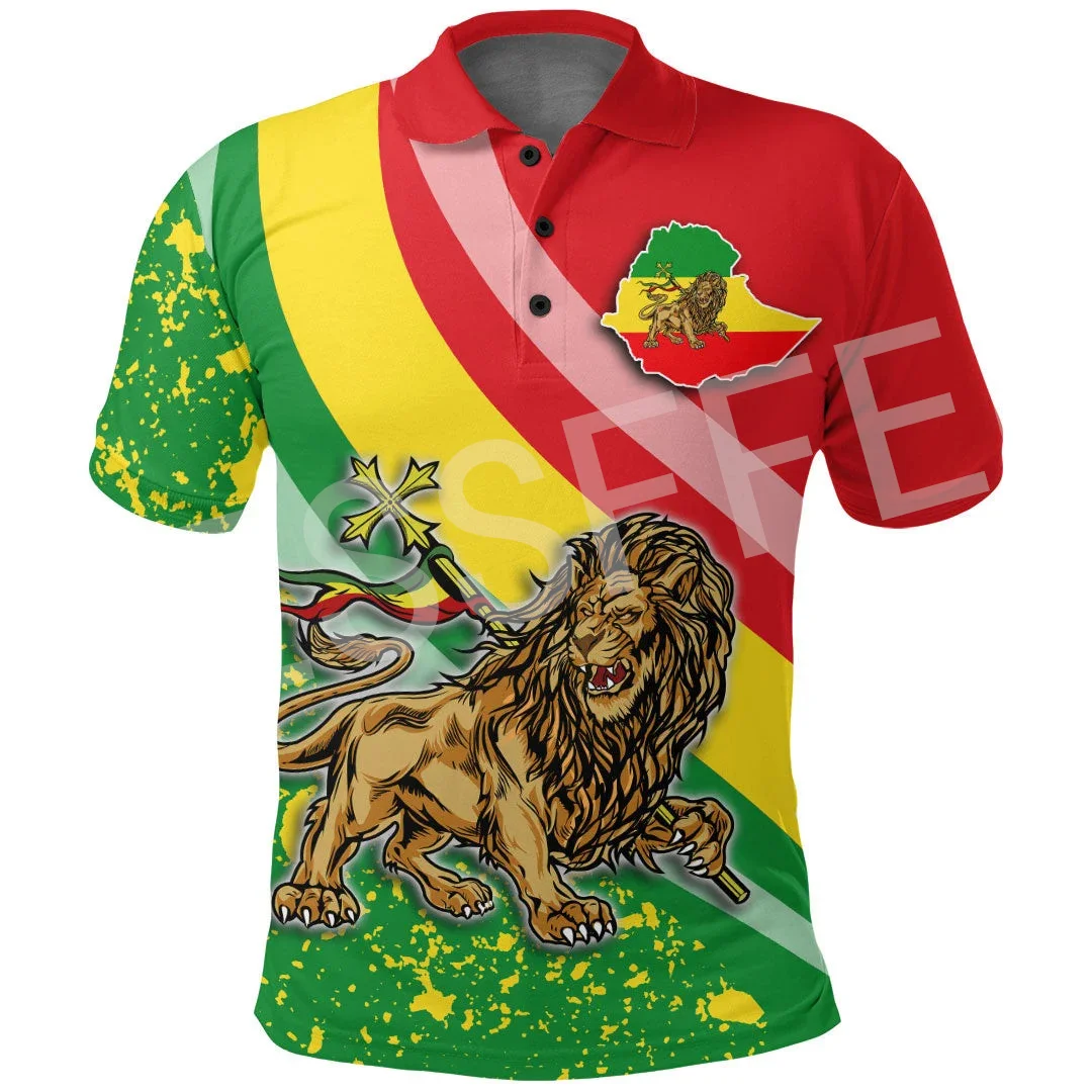 

Africa Country Flag Lion Ethiopia Church Reggae Tribel 3DPrint Summer Casual Polo Shirts Men/Women Short Sleeves Streetwear X8