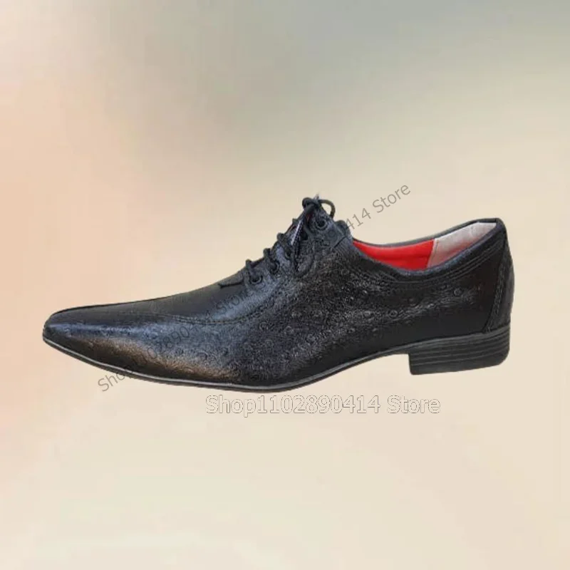 

Black Ostrich Print Sewing Design Strappy Men Shoes Fashion Lace Up Male Shoes Luxurious Handmade Party Office Men Dress Shoes