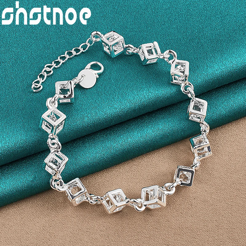 SHSTONE Europe 925 Sterling Silver Cute Jewelry Zircon Square Box Chain Bracelets For Women Party Wedding Engagement Bangle Gift