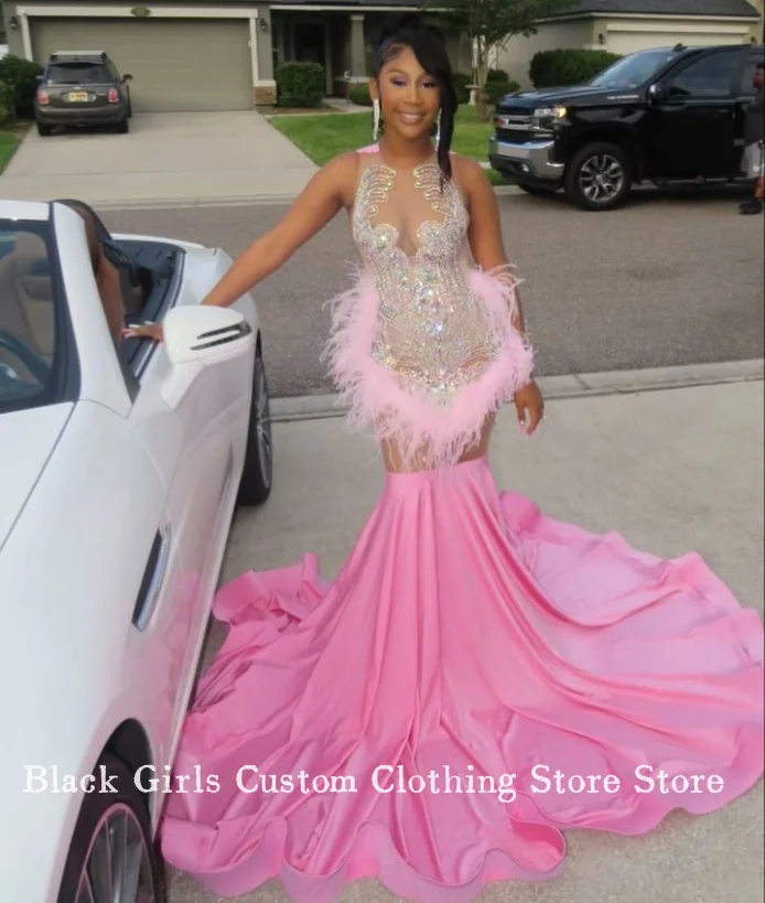 Glitter Peach Pink Feather Prom Dress 2024 Luxury Diamante Beaded Feather Applique Black Girl Birthday Party فساتين سهرة