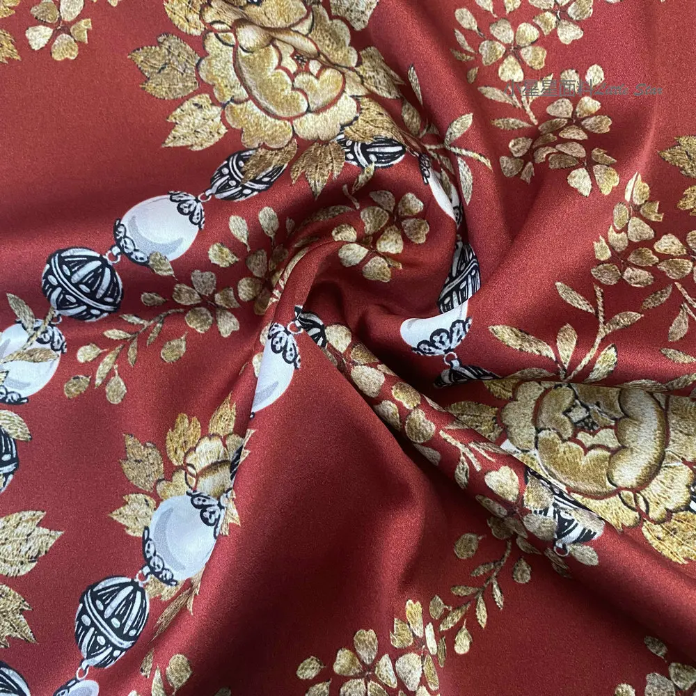 Wine Red Printed Flower High-Grade Cheongsam Cloth Silk Crepe Satin Plain Silk Satin Fabric Pajamas for Women