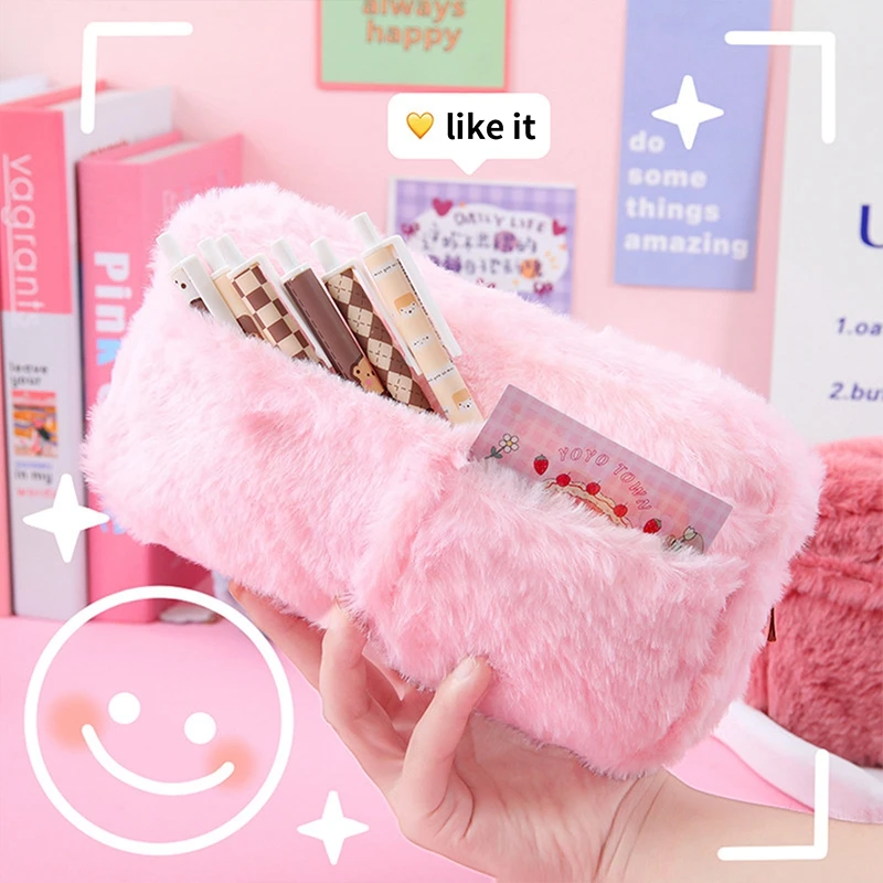 Borsa portapenne in peluche per ragazze cancelleria Kawaii grande capacità 3 tasche astuccio portapenne astuccio per cosmetici