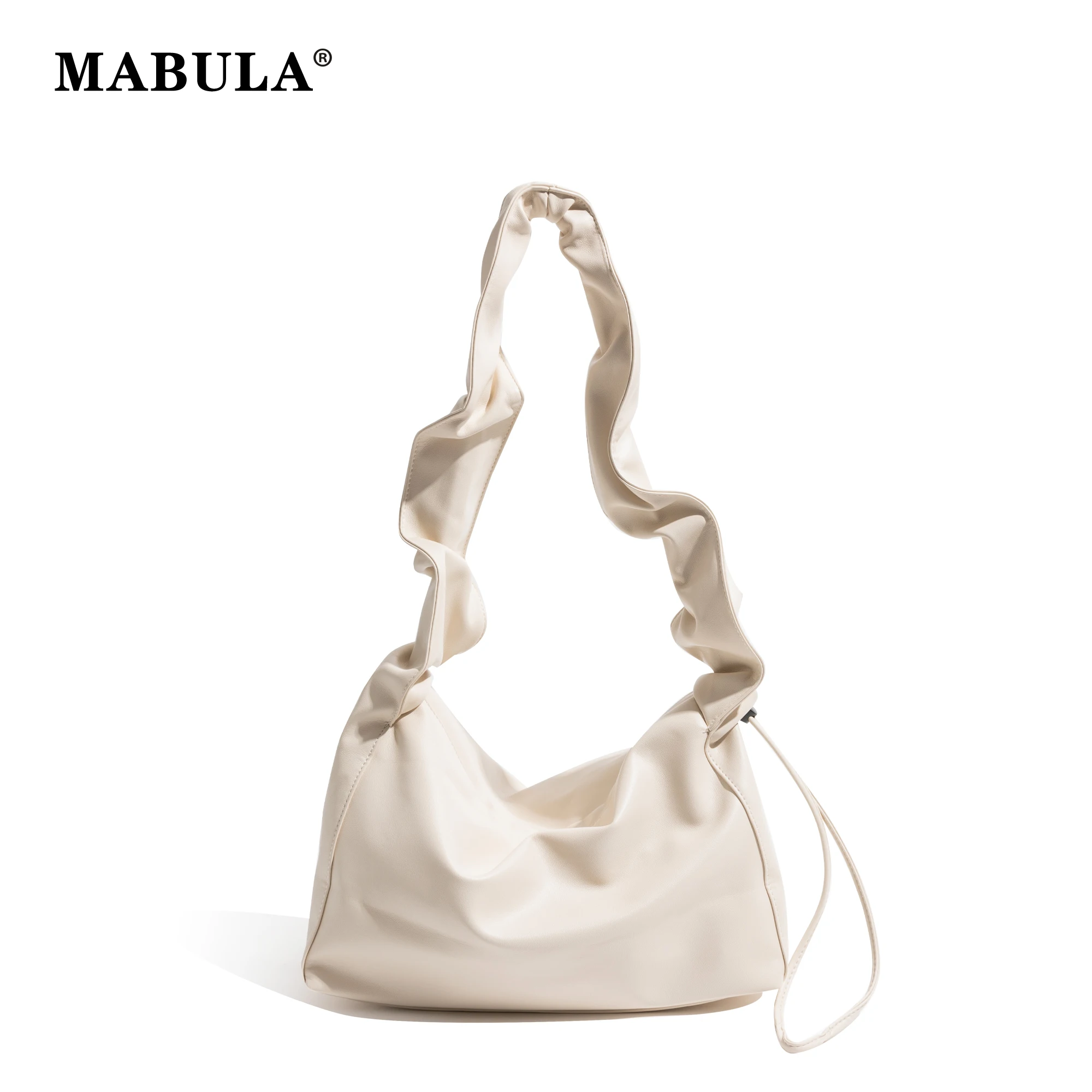 

MABULA Pleated Strap Drawstring Design PU Leather Shoulder Bag Solid Color Simple Casual Shopping Phone Purse Lady Hobos Handbag