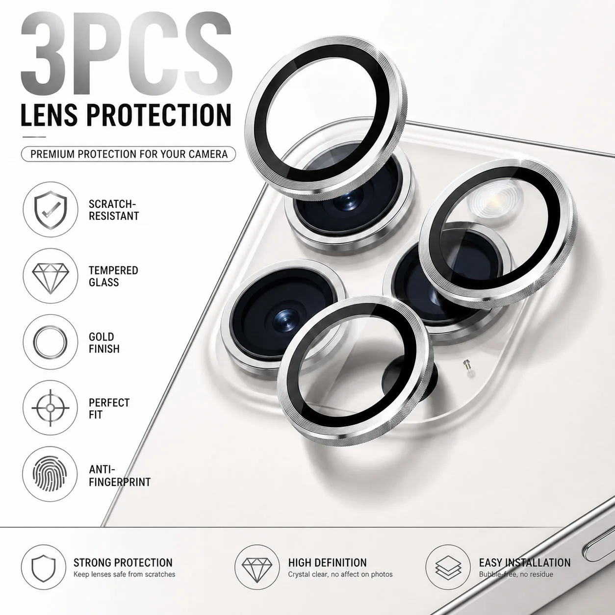 3 pcs, 3D Metal, Tempered Glass Camera Lens Protective Film, Suitable for iPhone 11 12 13 14 15 16 17 Pro Max 14 15 16 Plus Min view 3