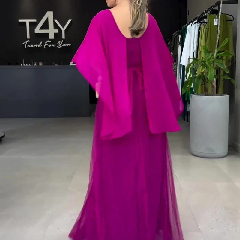Women Elegant Crew Neck Irregular Shawl & Vest Pleated Dresses Autumn Solid Color Cloak 2 Piece Set Loose Evening Gown Vacation
