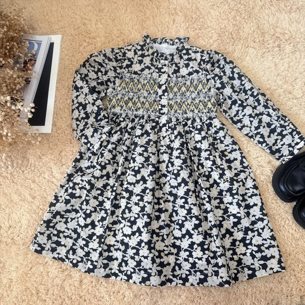 baby dresses Fall Hand embroidered black floral pattern long sleeved dress Sweet French style girls' dress