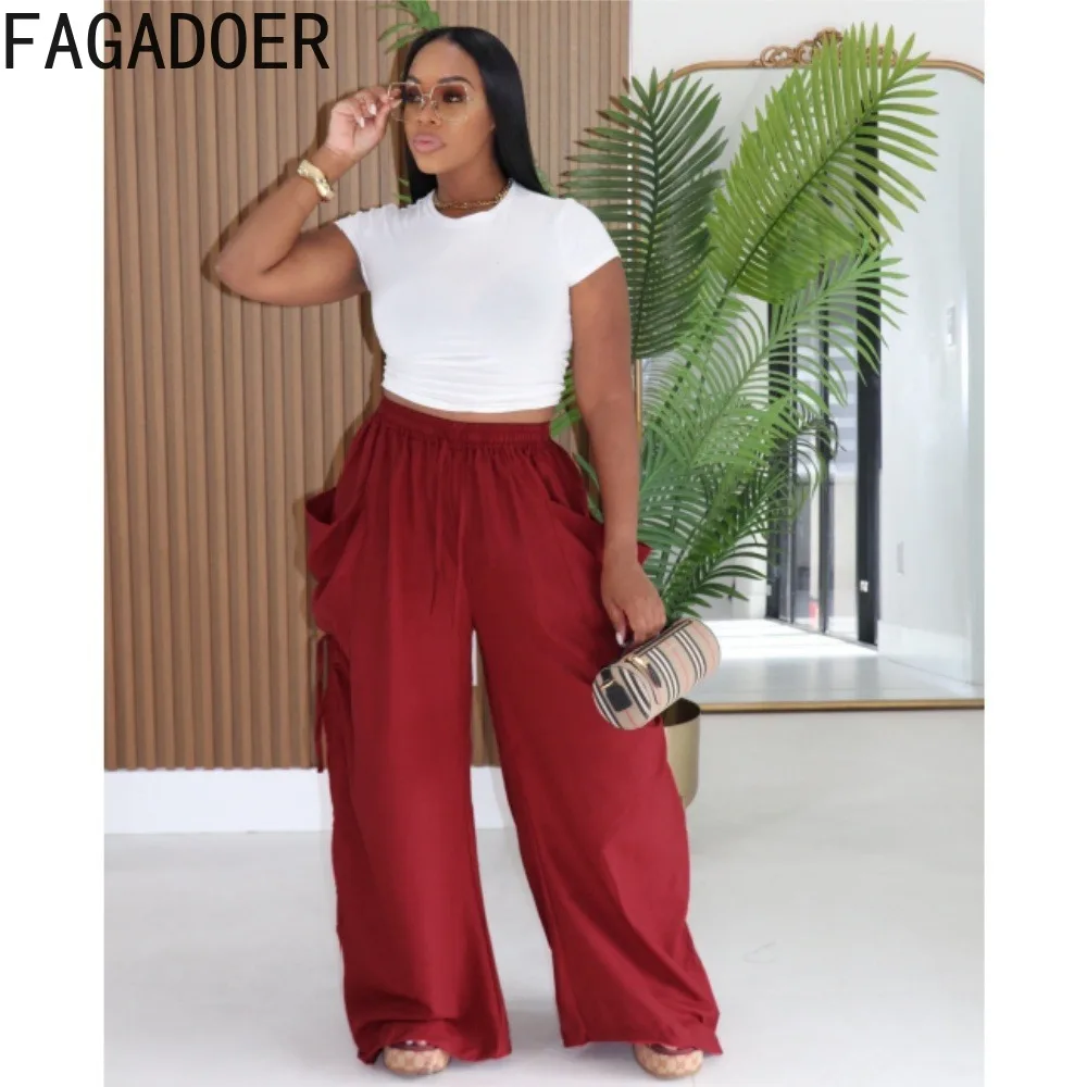 FAGADOER Women Casual Wide Leg Pants Drawstring Waist Ruched Side Loose Fit Pocket Trousers Streetwear Long Pants New 2026