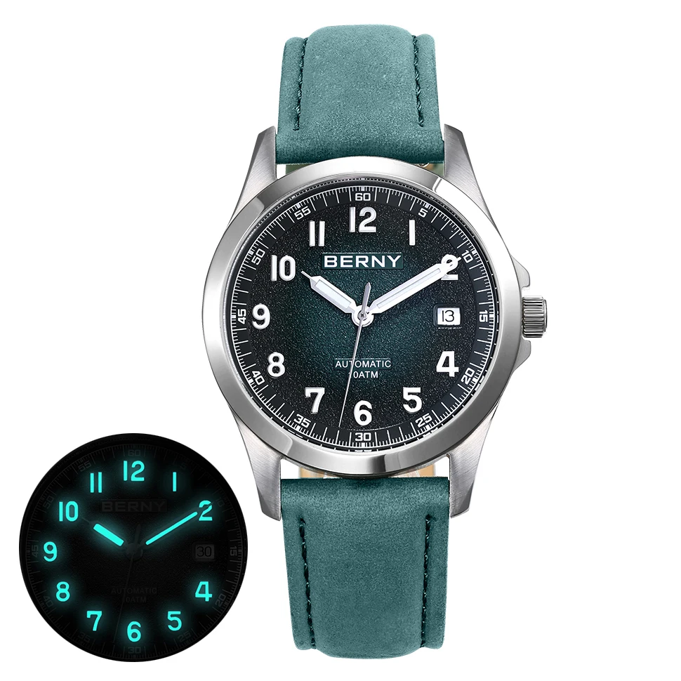 BERNY Automatikuhr mit mattiertem Zifferblatt für Herren, leuchtende mechanische Original ST2130 Armbanduhr, Saphir-Luxus-Herrenuhr, 10ATM wasserdicht