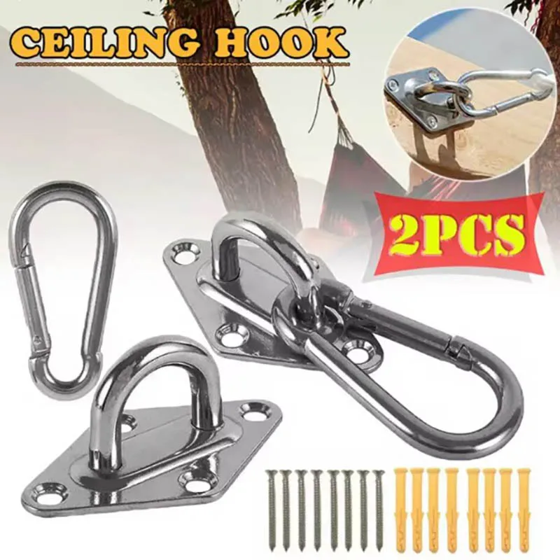 2set Heavy-Duty Wall/Ceiling Mount Hooks - Stainless Steel Swing Chair Brackets with Eye Plate for Secure Installations