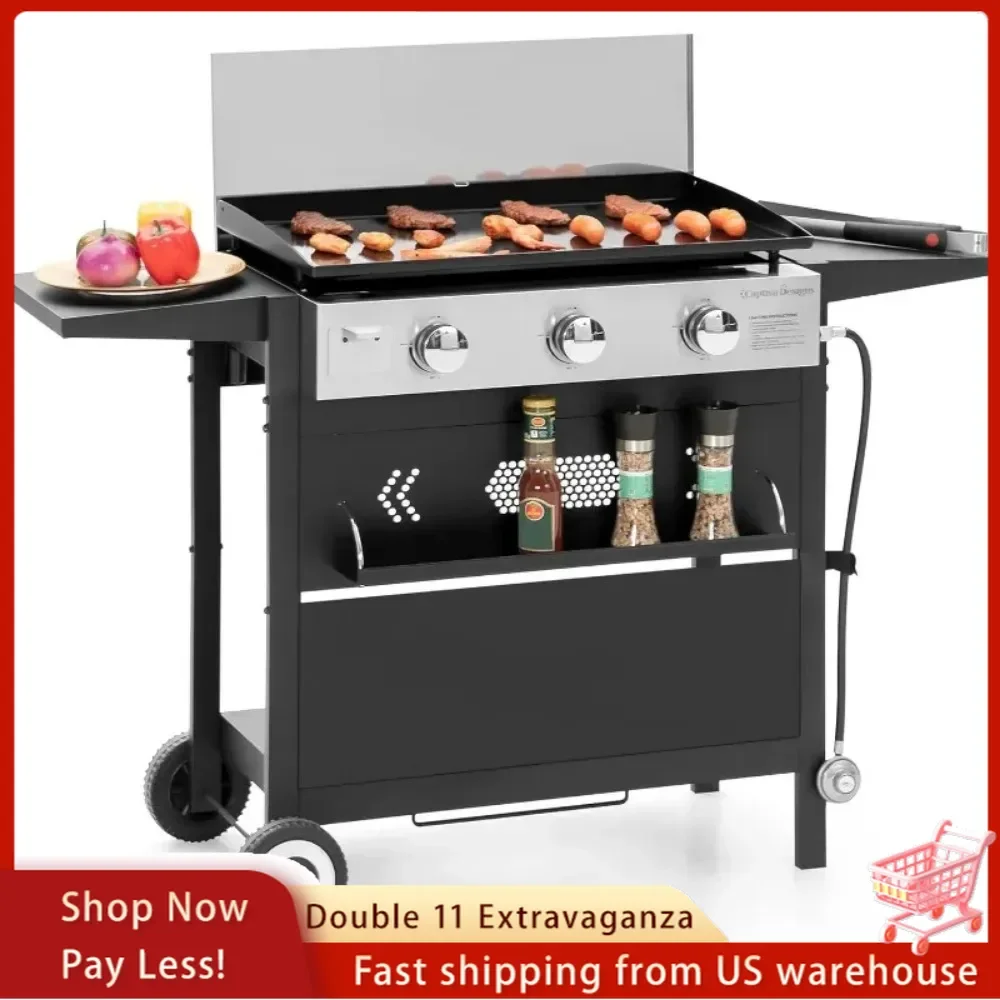 27 in Flat Top Grill with Ceramic Coated Cast Iron Pan, 3-Burner Propane Gas Griddle Grill, 33,000 BTU Output Flattop Grill