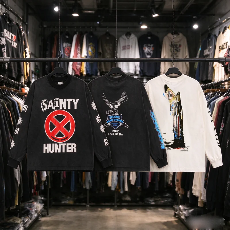 New American Streetwear Long Sleeve SAINT T Shirt Men Women Trendy Fashion Loose T-shirt High Quality Round Neck Tops Clothes