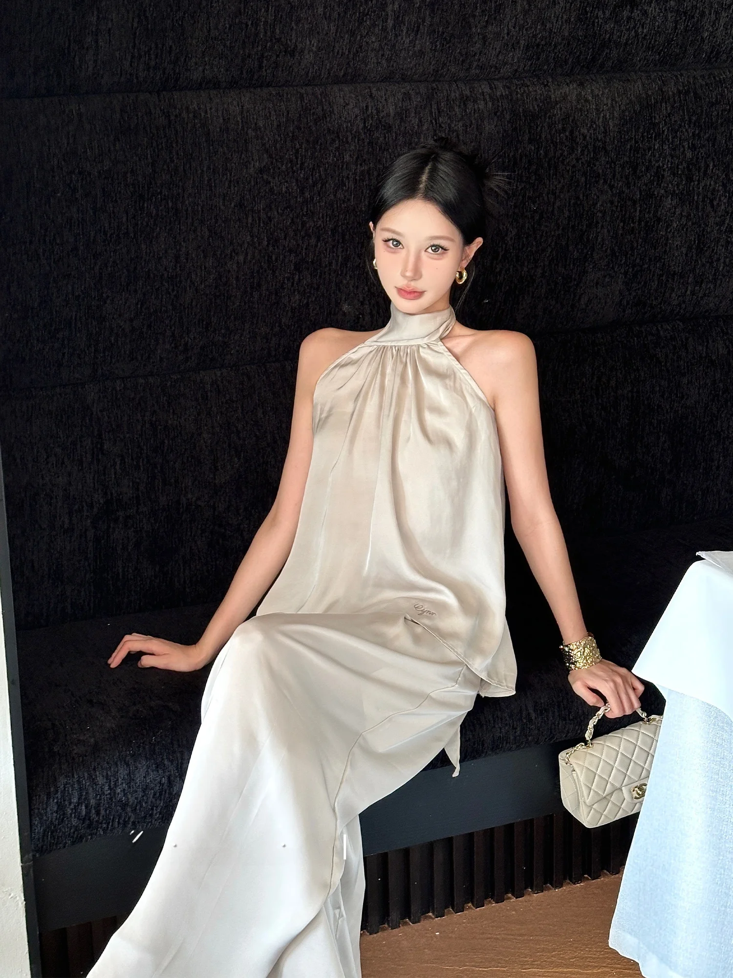 MOXI Sexy Bal Drapey Silk Satin Ribbon Asymmetrical Hanging Ne Spicy Girl Top Women's Faion Set Ele Sle Autumn...