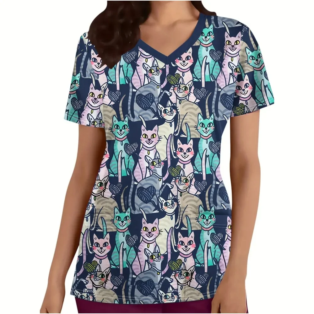 Medical Uniform for Women Cute Animal Pattern V-Neck Vet Medico Fashion Short Sleeve Patch Pocket Dental Clinical Uniform Woman