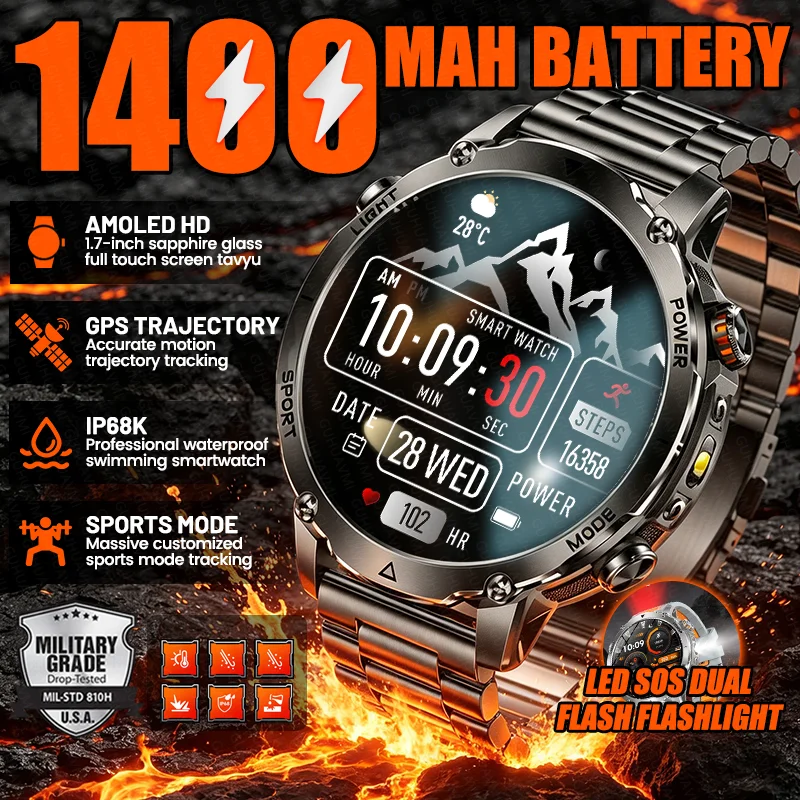 

Military 1400mAh Battery Capacity Smart Watch Men Outdoor GPS SOS Flashlight Sports Waterproof BT Call Adult AMOLED Smartwatches
