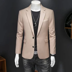 Men Suit Black Slim Fit Blazer Hombre Stretch Fabric Double Slit Jacket Male One Button Business Casual Prom Korean Dress Coat