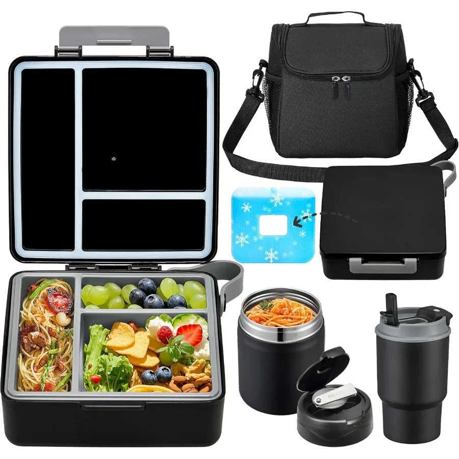 

Ланч-бокс Bento с термоизоляционным стаканом для супа емкостью 17 унций и изолированной сумкой для обеда Герметичный ланч-бокс с 3 отделениями F