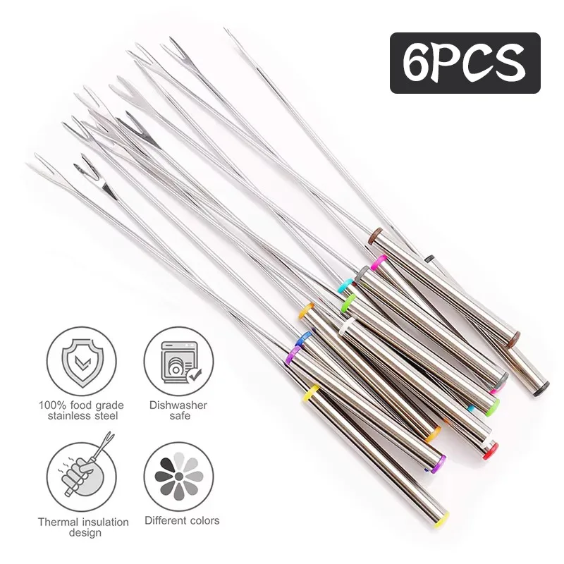6pcs Long Stainless Steel Fondue Skewers Color Coded Handle Fork for Kitchen Chocolate Cheese Party Supplies