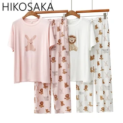 2024 New Spring Summer Casual Pajama Sets Sweet Cartoon Print Short Sleeve Trouser Homewear Suit Loose Comfortable Sleepwear