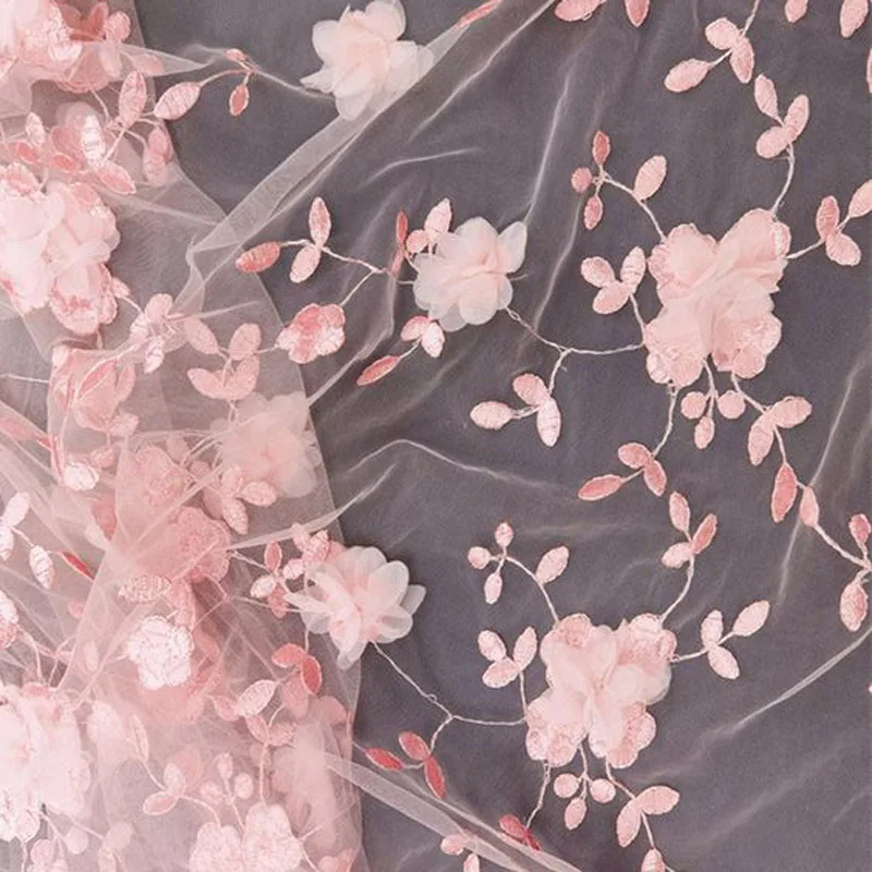 3D Embroidery Flower Mesh Fabric, Floral Wedding Tulle Lace, Summer Dress Fabric, DIY Sewing or Clothing Material, Pink