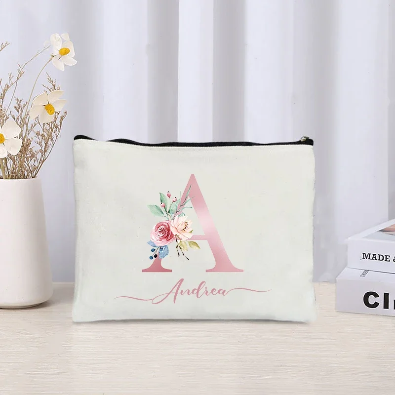 Customized Name Handbag for Ladies Cute Flower Letters Makeup Bag Wedding Bridesmaid Gift Teacher Durable Canvas Clutch Purse