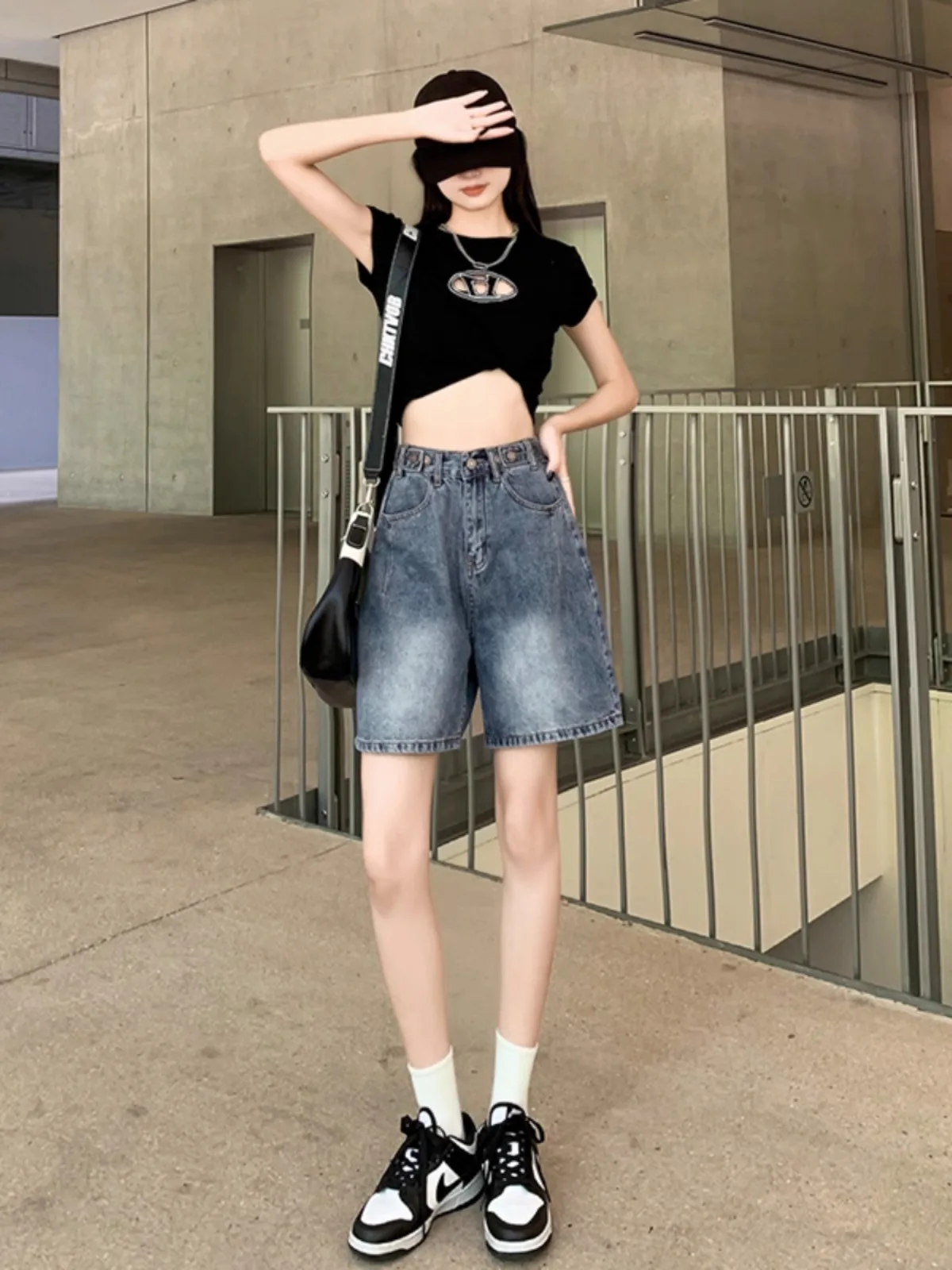 

High Waist Denim Shorts Women's Pear Shape Summer Thin Elastic Waist Five-Quarter Loose Straight Leg Medium Length Pants