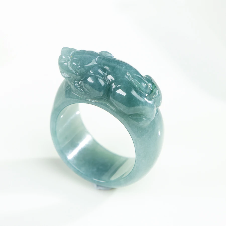

TIMESWIND Original A-type Jade Natural Blue Three-d PIXIU Men Wealth Ring with Certificate