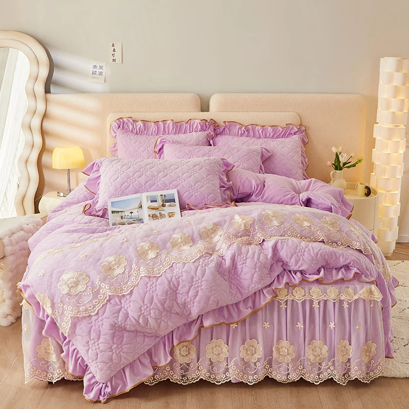 Cotton Quilted Duvet Cover Set Solid Pattern European American Style 4-Piece 400TC All-Season Flat Bed Sheet Sanding Bedding