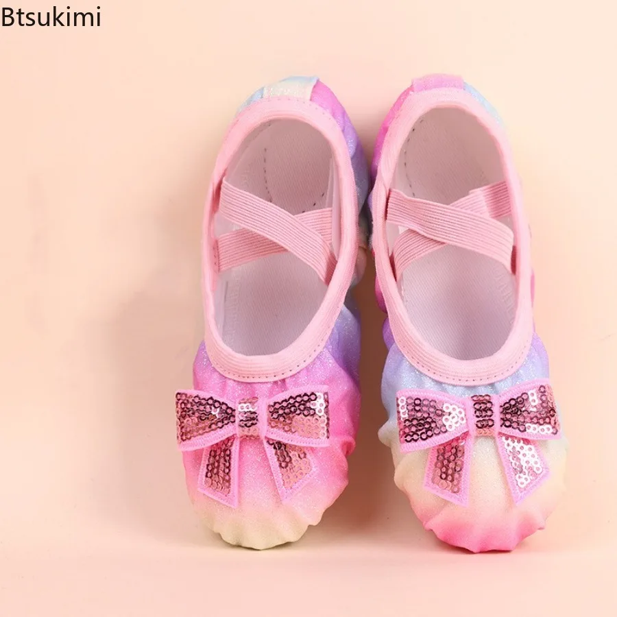 Girls Bowknot Ballerina Shoes Children's Fashion Ballet  Gradient Flat Shoes Rainbow Glitter Soft Soled Practice Cat's Paw Shoes
