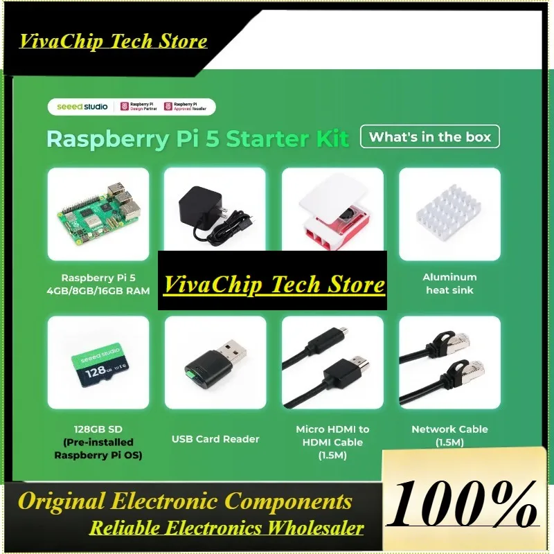 VoFSRaspberry Pi 5 16GB 8GB 4GB Starter Kit Seeed Studio, Official Case With Fan,32GB SD Card,Power Supply,HDMI Cable,Network C