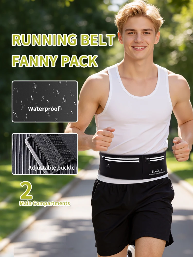 SooGree Zipper Running Waist Belt Bag Waterproof Slim Sports Fanny Pack Adjustable Elastic Phone Pouch for Jogging Cycle Travel