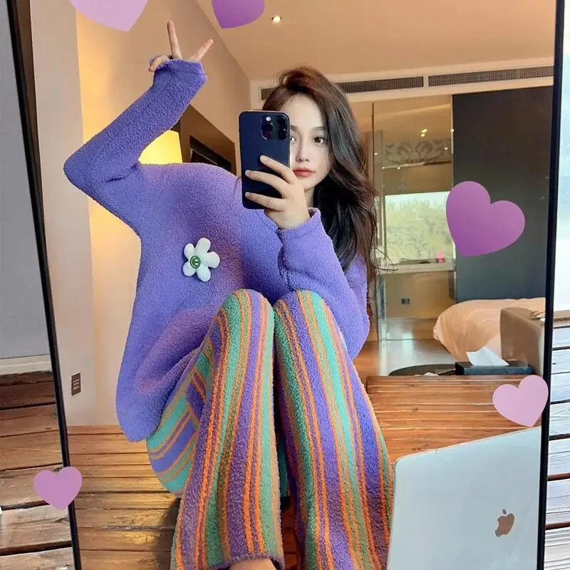 2025 Women Autumn Winter New Style Soft Comfort Headwear Sleepwear Cover Warm Thick Cute Sweet Student Leisure Set Home Clothes