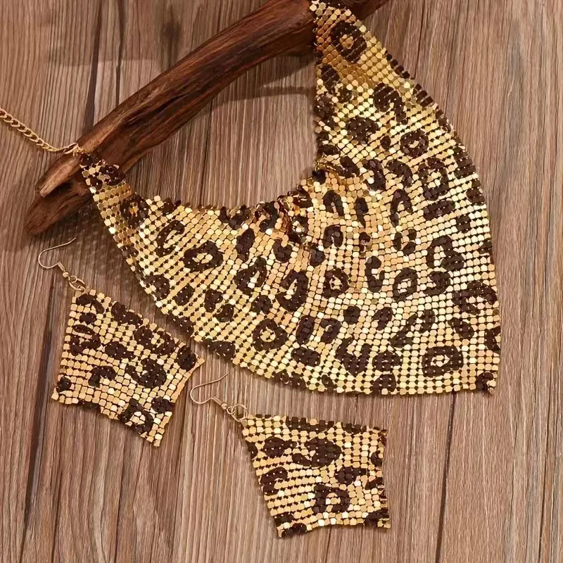 Exaggerated Leopard Print Triangle Scarf Shaped Necklace Diamond Drop Earrings For Women Fashion Party 2PCS Jewelry Set image 3
