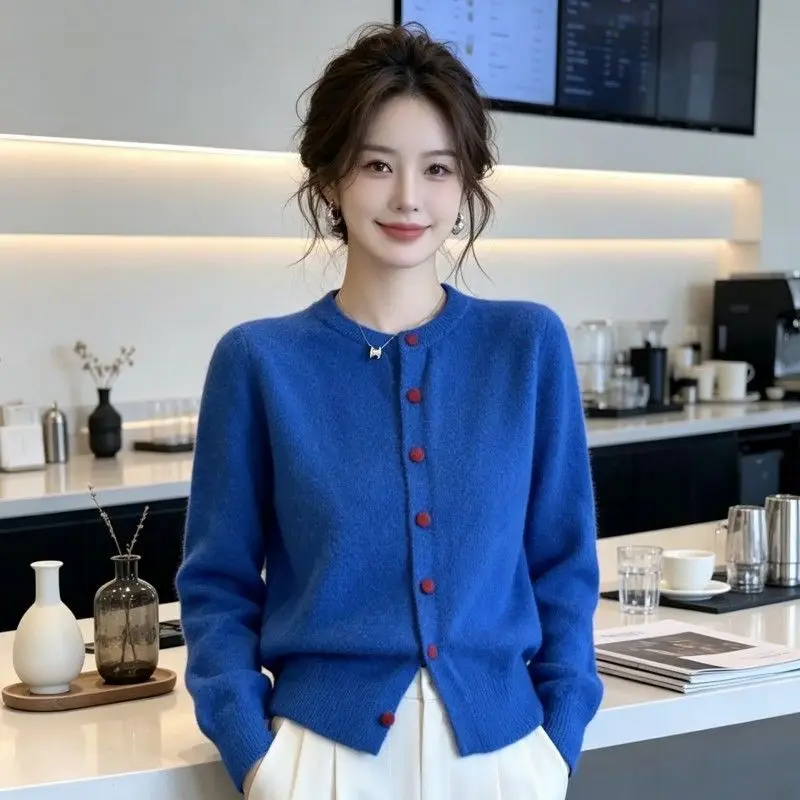 Korean Fashion Round Neck Knitted Cardigan Women Long Sleeve Sweater Coat Lazy Autumn Winter Warm Soft Female Pink Knitwear Tops