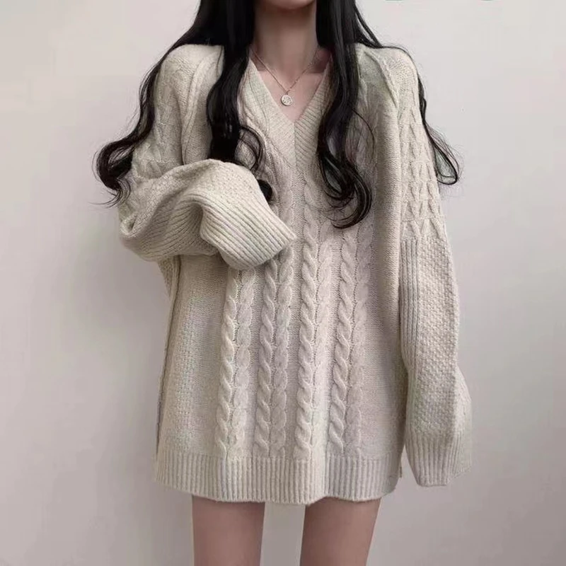 ฤดูใบไม้ร่วง/ฤดูหนาวสไตล์เกาหลีแขนยาวเสื้อสเวตเตอร์หลวมผู้หญิงย้อนยุคสีทึบ V คอถักเสื้อลำลองเสื้อถักยาว