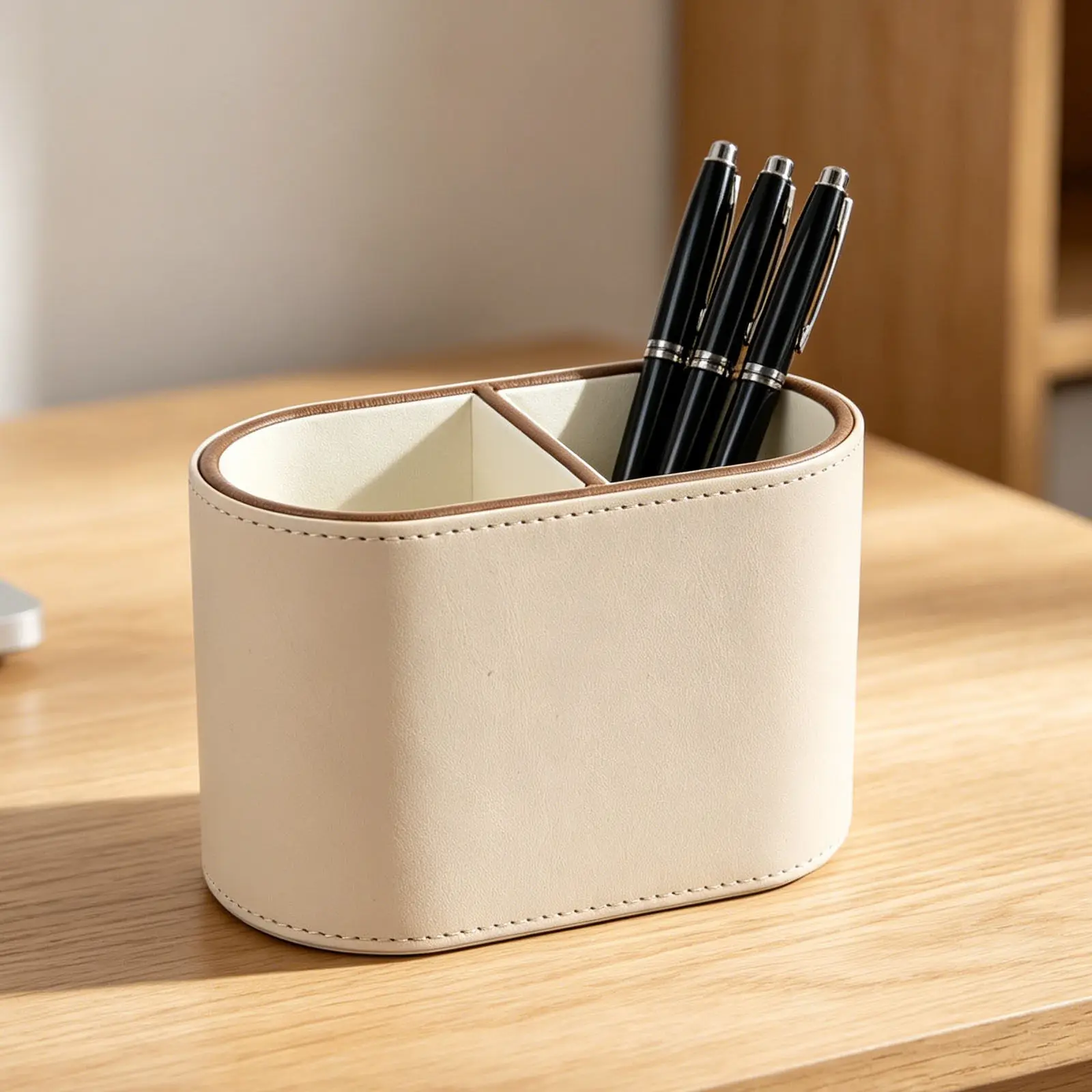PU Pen Cup Desktop Organizer 2 Compartments Makeup Brush Holder Remote Control Holder Pen Storage for Office Home