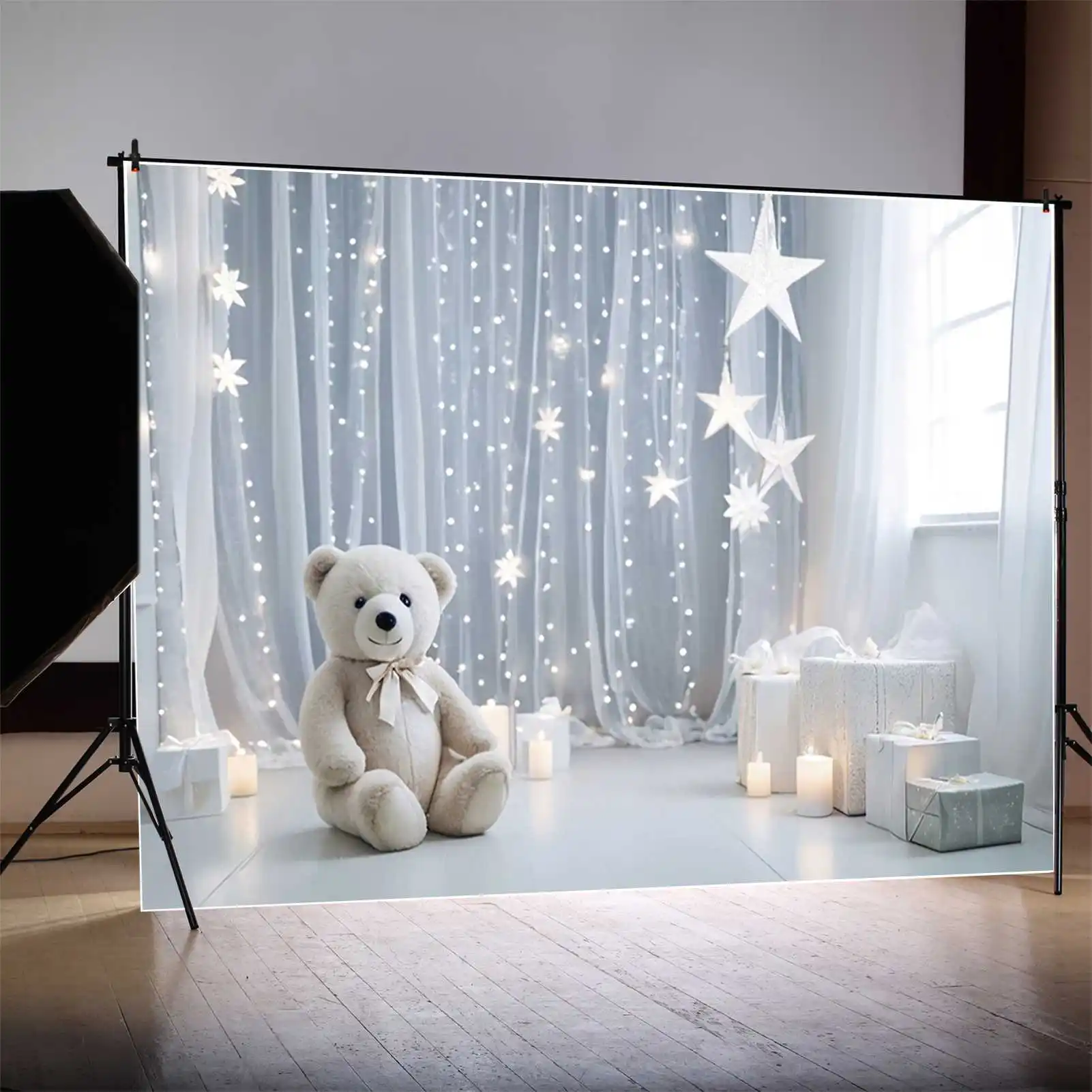 Moon.qg สีฟ้าสีขาวผ้าม่านวันเกิด1ปีพื้นหลังเด็กผู้ชายหมีเท็ดดี้ draping ผ้าบอลลูนฉากหลังปาร์ตี้ที่กำหนดรูปถ่ายอุปกรณ์ประกอบฉาก