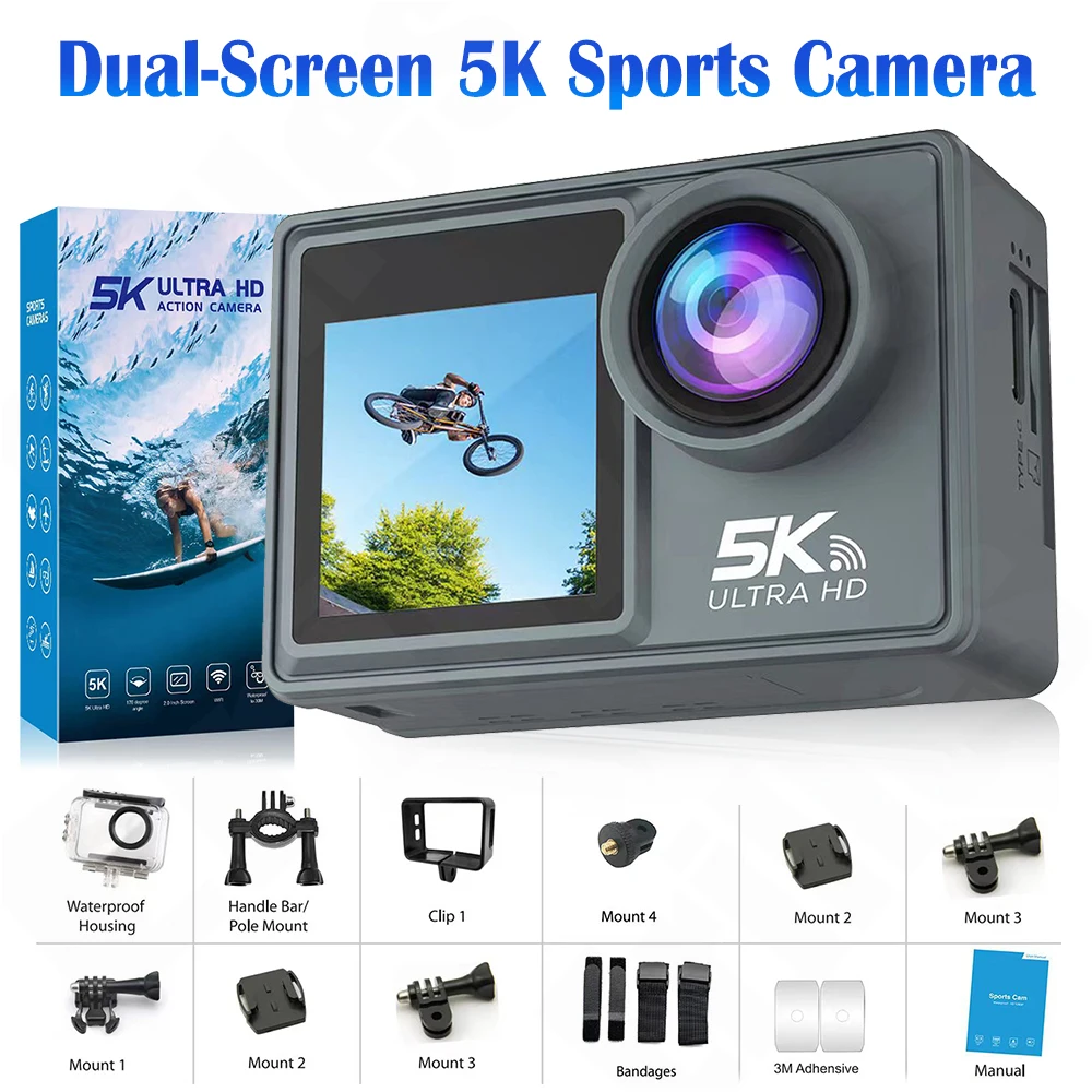 

5K 30PFS Dual Screen 2.0+1.3 Inch Action Camera WiFi 170 Wide Angle Remote Dive Bicycle Go Sport Waterproof helmet Outdoor Cam