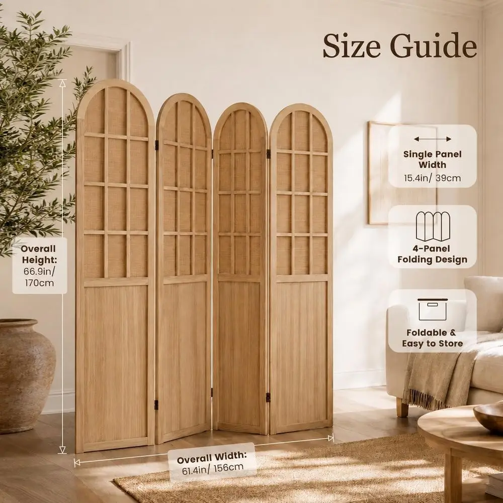 Light Brown Bamboo 4-Panel Room Divider for Privacy, Versatile Use in Home, Office, or Studio with Woven Upper Slats and Solid L