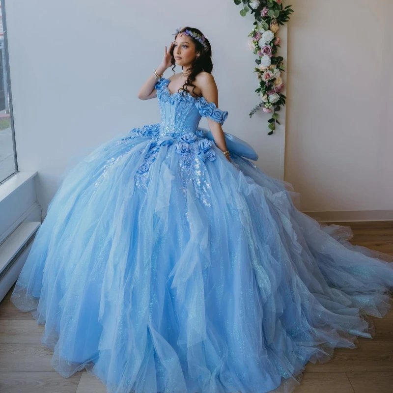 

Sky Blue Ball Gown Quinceanera Dresses Applique Flower Beading Crystal Bow Tull Corset Off Shoulder Sweet 16 Dress vestidos 15