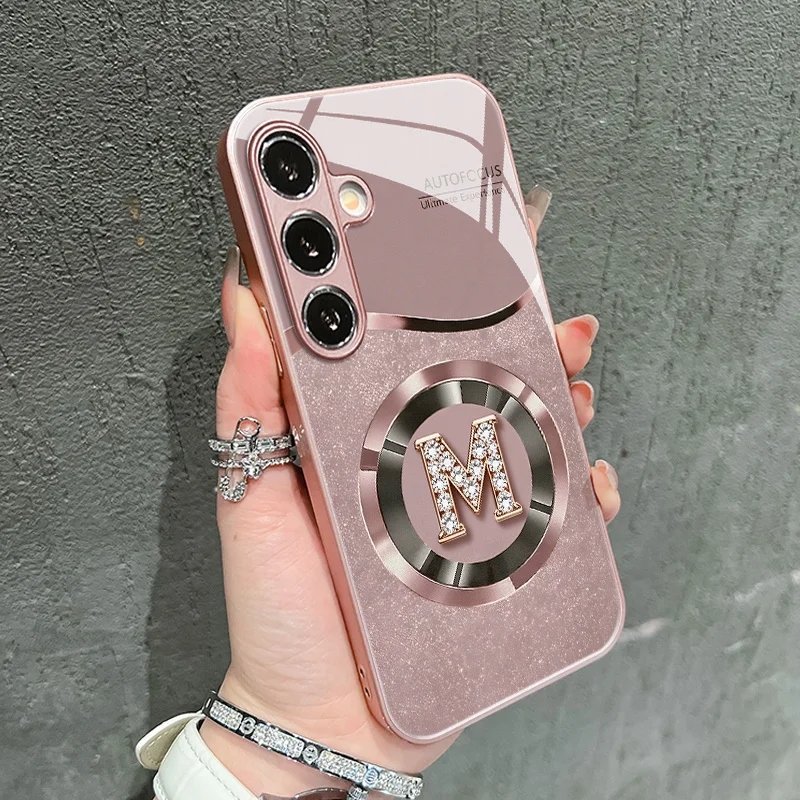 Luxury Business Pink Metal Letter M Pattern Glass Phone Case Suitable for Galaxy S26/S25/S24/S23/S22/S21 and other models