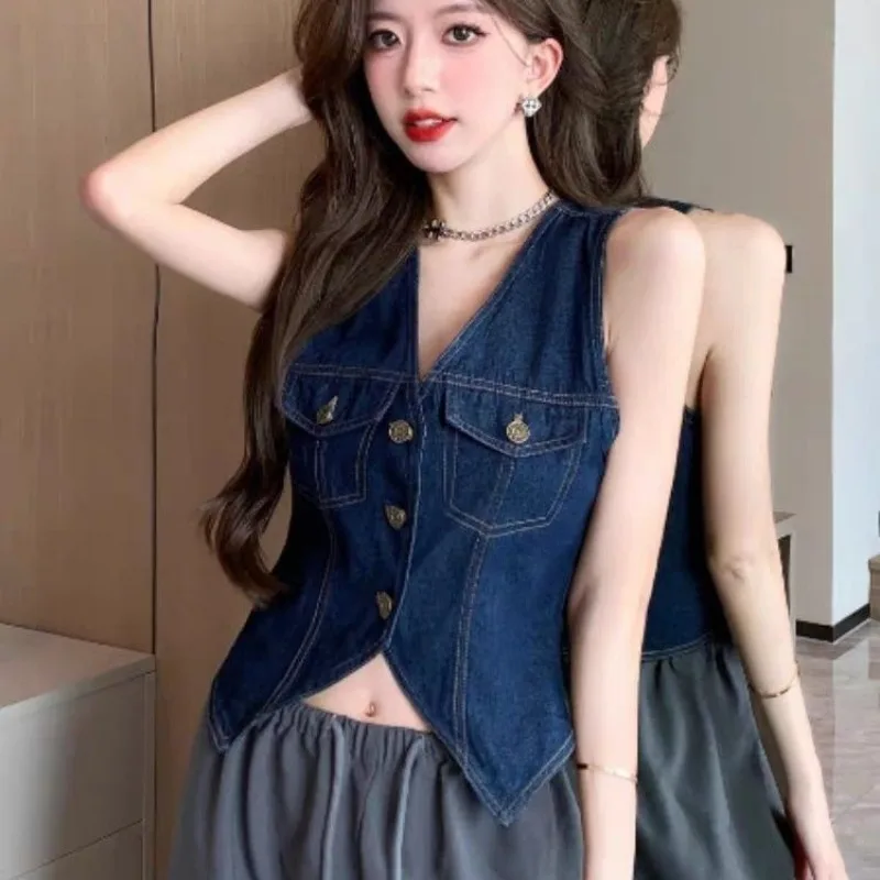Chic Vintage V-neck Denim Vest Women Y2k Clothes Spring Summer Sleeveless Slim Tank Top Harajuku Single-breasted Cropped Jacket