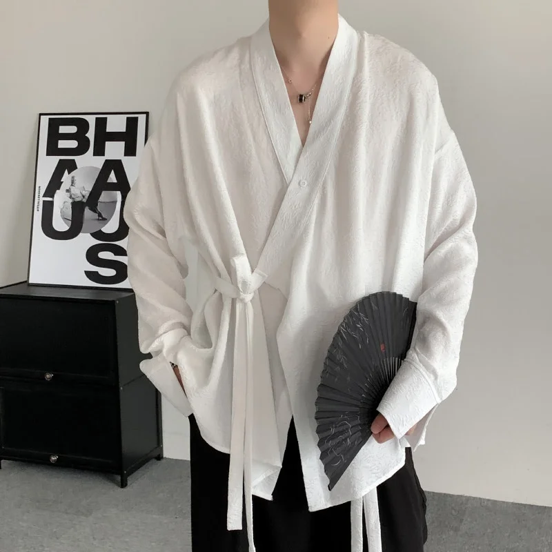 

New Chinese Sle Dao Pao Open Cardigan Long Sve White irt Coat for Men And Women Lazy Sle Knot Belt Traditional Collar