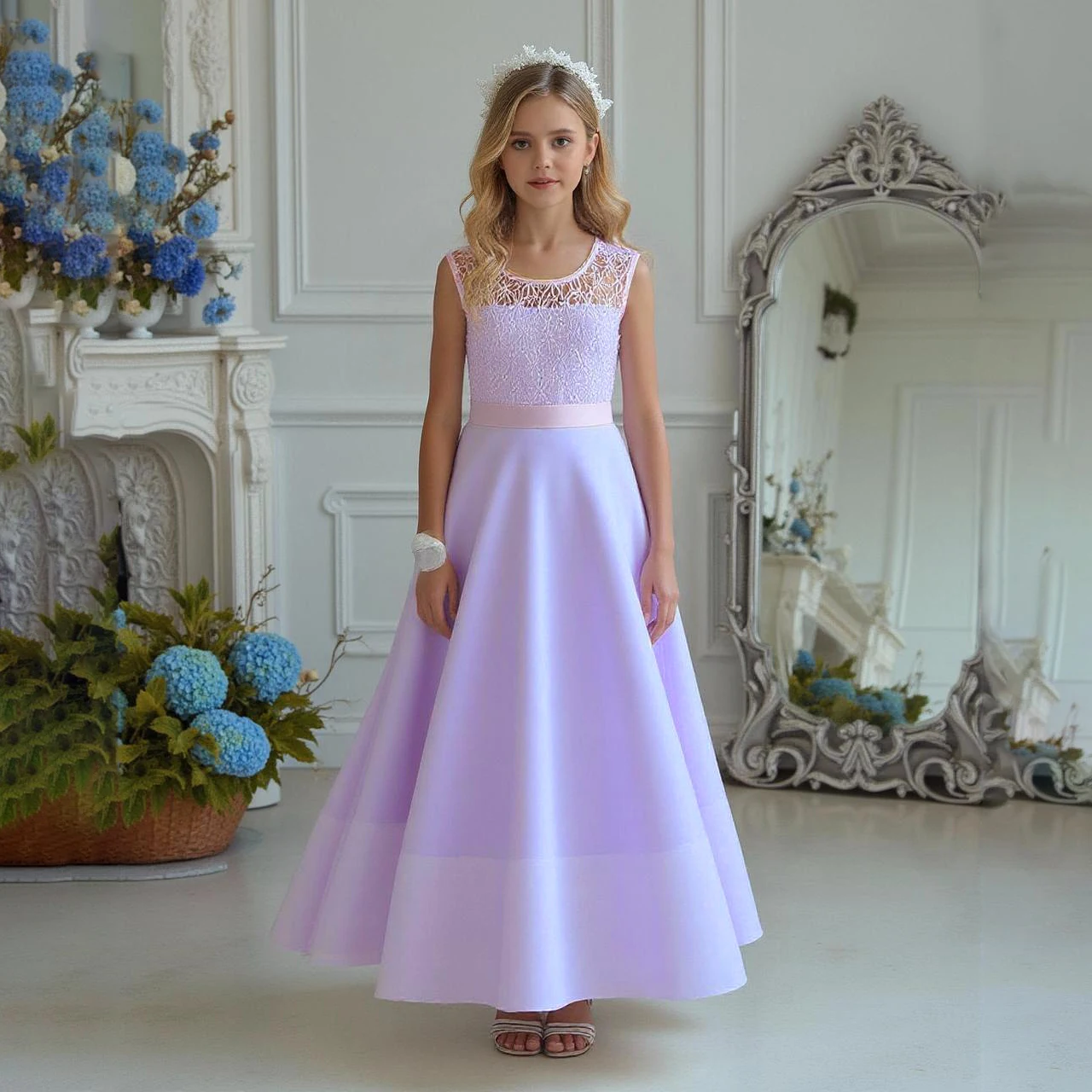 

Elegant Lace Flower Bridesmaid Girl Party Dresses Bow Wedding Birthday Princess Prom Dress for Girl Baptism Pageant Gown Costume