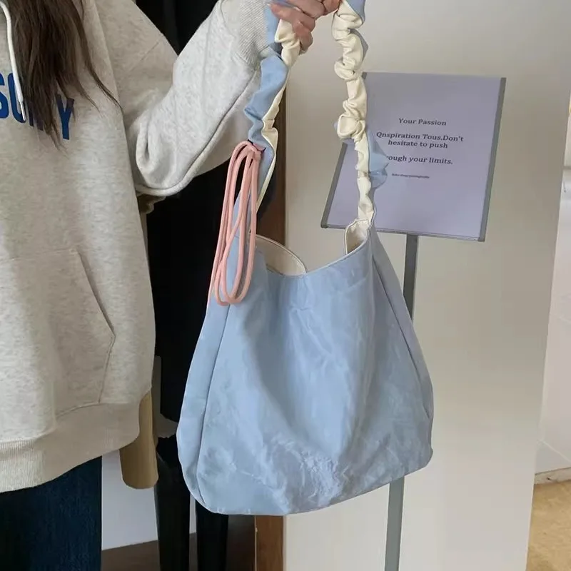 

MBTI Pleated Fashion Womens Shoulder Bag Blue Sweet Casual String Handbag Elegant Cute Literary All-match Female New Casual Bag