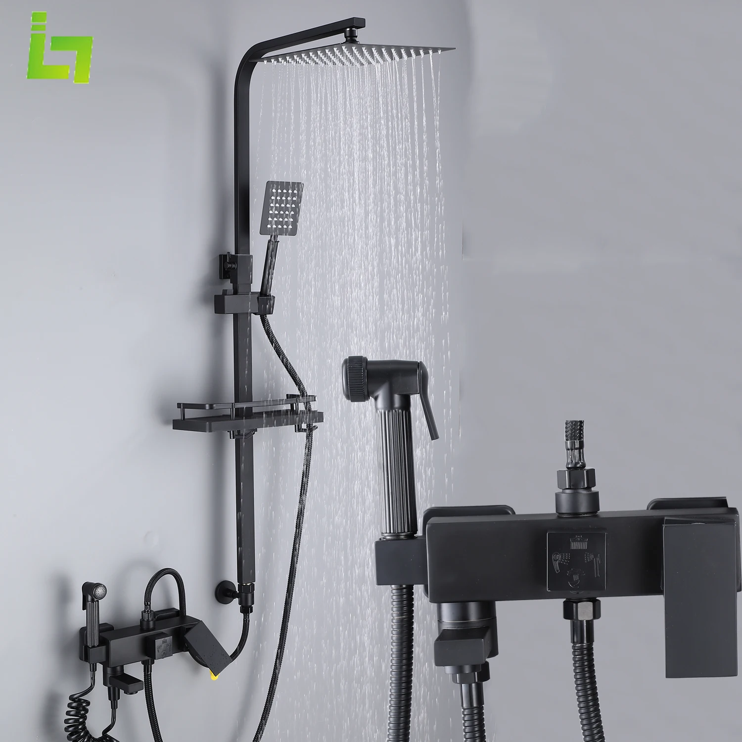 Black Shower Faucet Set  Rainfall High Quality All Metal Bathtub  Mixer Tap 4-way With Bidet Can Adjusted the Height