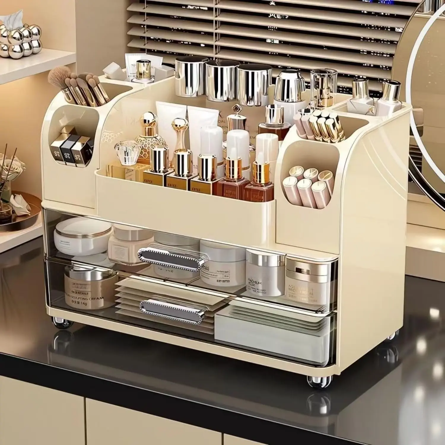 Makeup Organizer with Drawers for Vanity,Bathroom Countertop Organizer with Brushes Holder,Skincare Storage Organizer for Lipsticks,Nail Polishes, Perfumes,Eyeshadow Palettes (Cream)